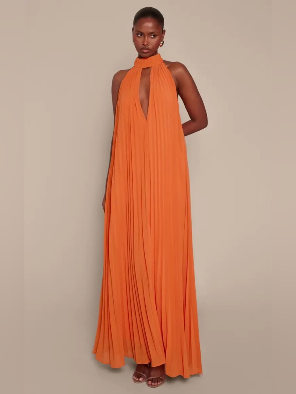 PrettyLittleThing Orange Halter Pleated Maxi Gown
